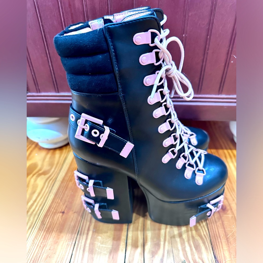 Forget You black and pink buckle platform boots Dolls Kill